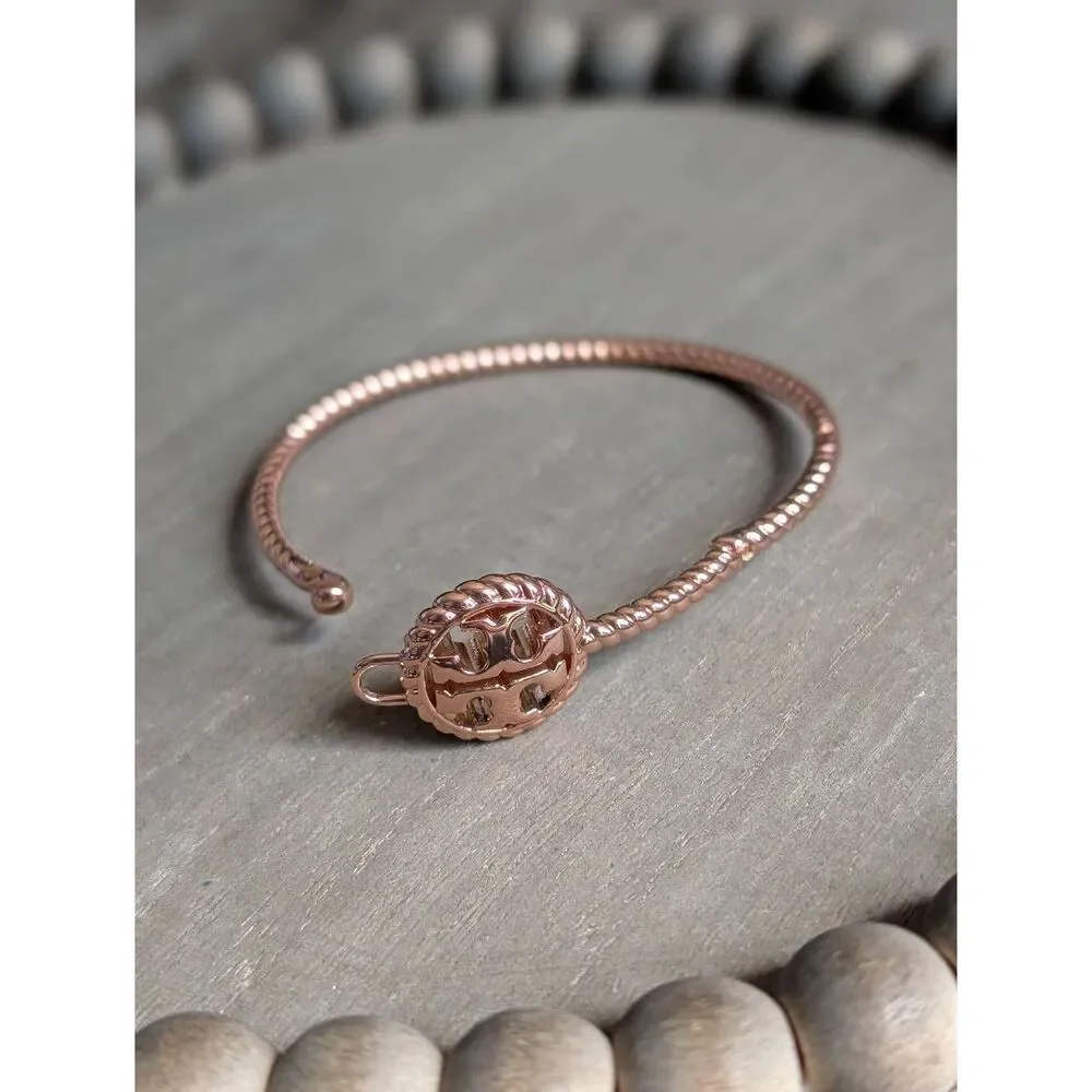 TORY BURCH Rose Gold Rope Logo Hinged Cuff Bangle